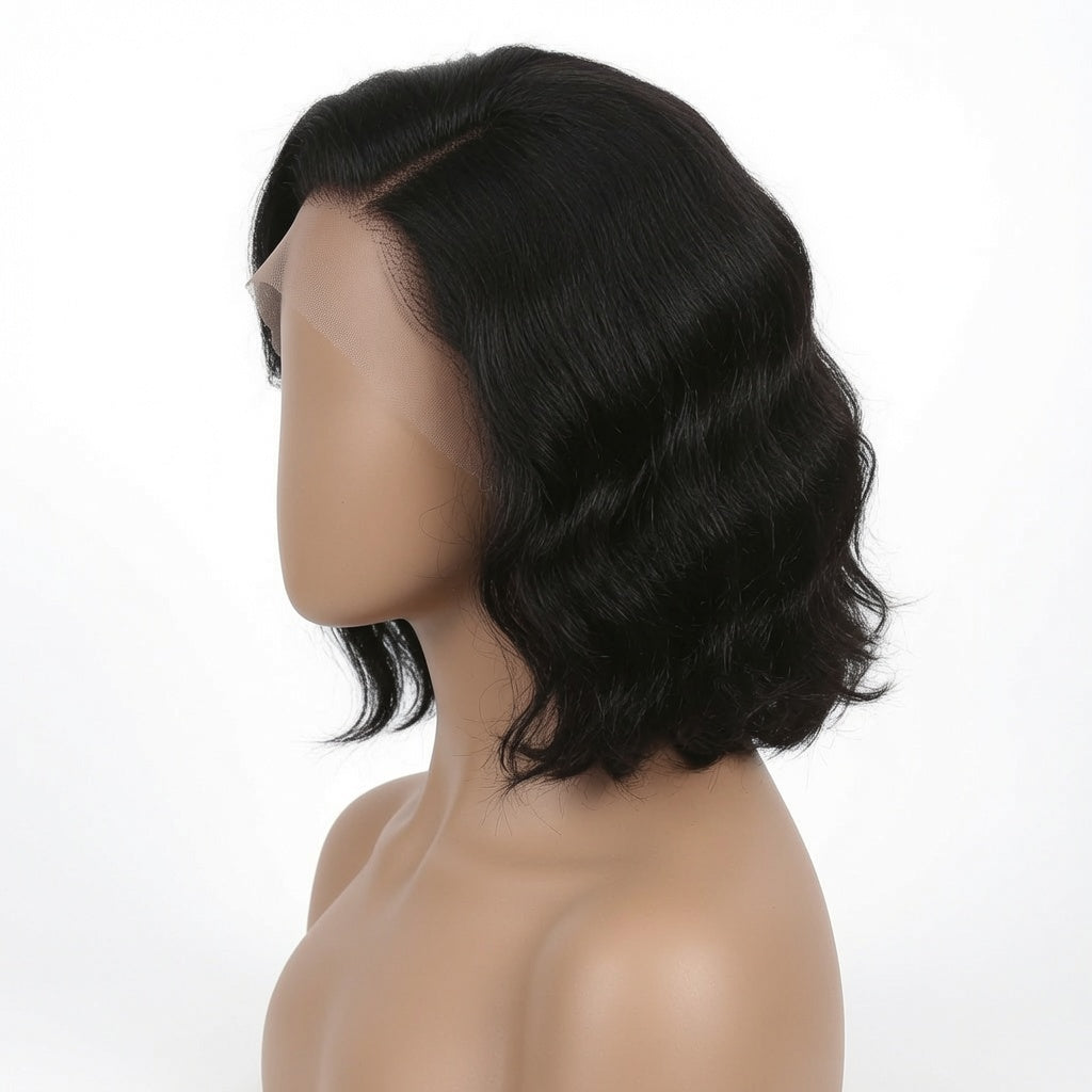Short Black Wavy Bob Lace Front Wig – Synthetic Fiber, Pre-Plucked Hairline, Glueless Cap