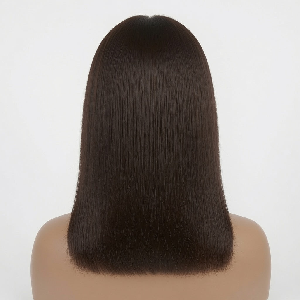 Shoulder Length Dark Brown Straight Lace Front Wig with Blunt Bangs – Human Hair, Pre-Plucked Hairline, Glueless Cap
