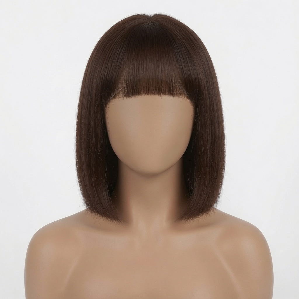 Short Red Straight Bob Lace Front Wig with Blunt Bangs – Human Hair, Pre-Plucked Hairline, Glueless Cap