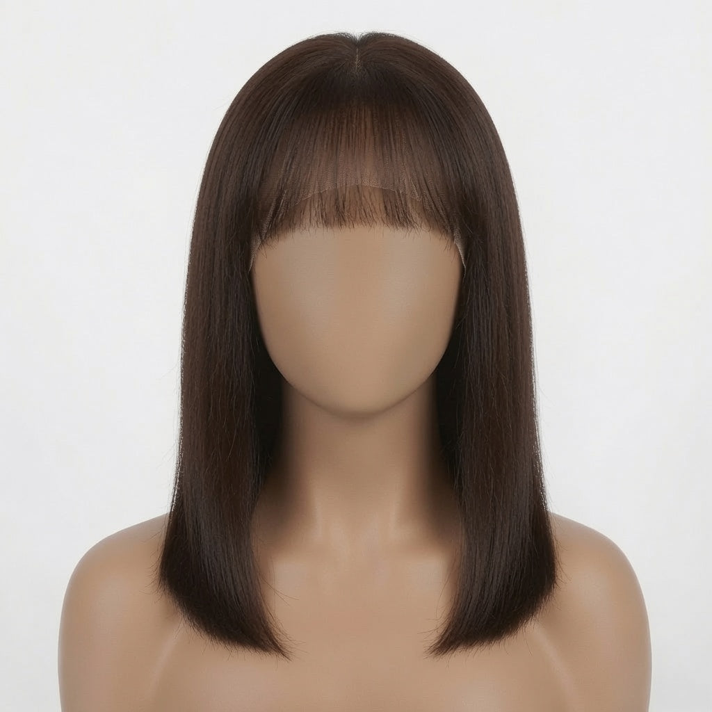 Shoulder Length Dark Brown Straight Lace Front Wig with Blunt Bangs – Human Hair, Pre-Plucked Hairline, Glueless Cap