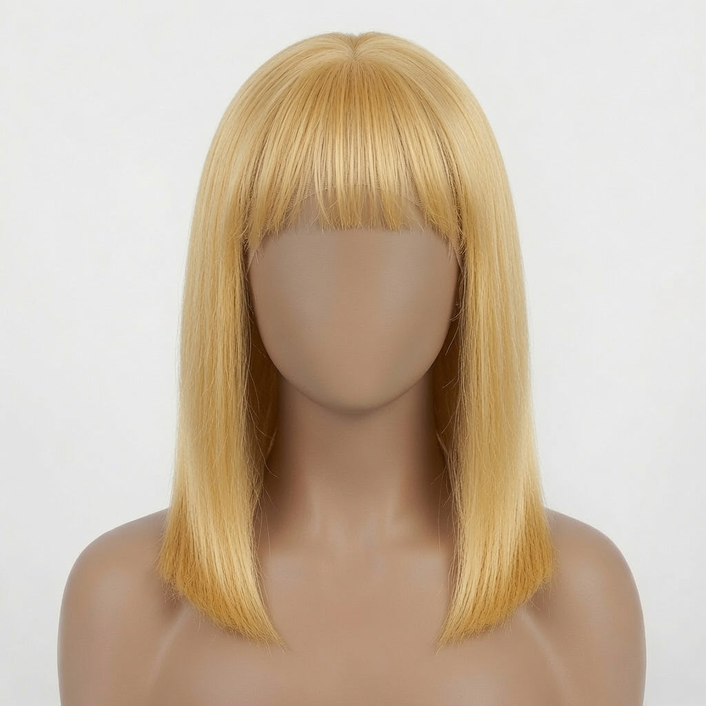 Shoulder Length Dark Brown Straight Lace Front Wig with Blunt Bangs – Human Hair, Pre-Plucked Hairline, Glueless Cap